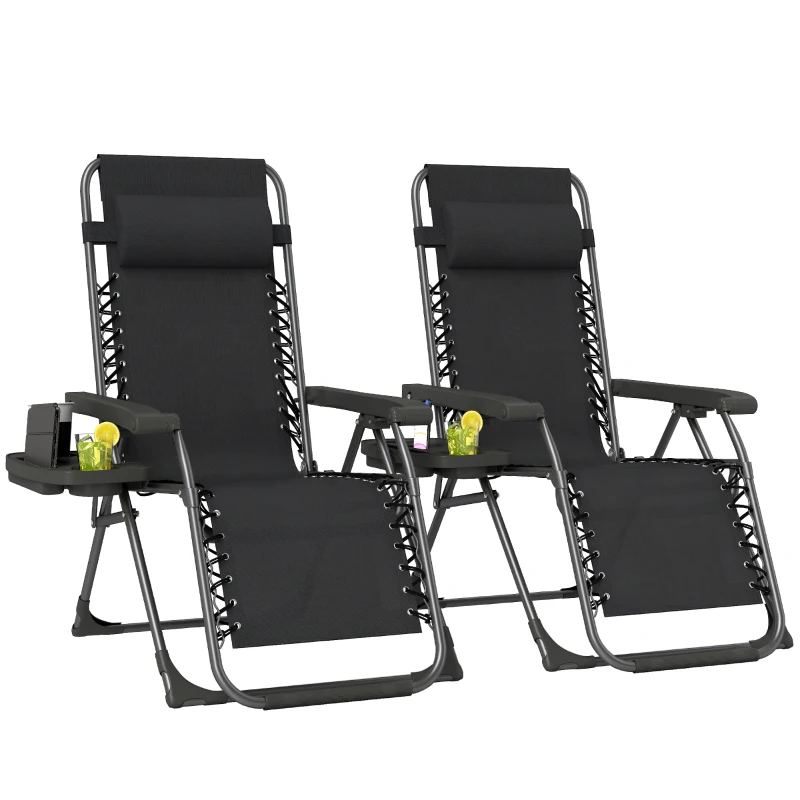 Outsunny Zero Gravity Chair Set of 2, Folding Reclining Outdoor Lounge Chair with Cup Holder, Headrest, Black