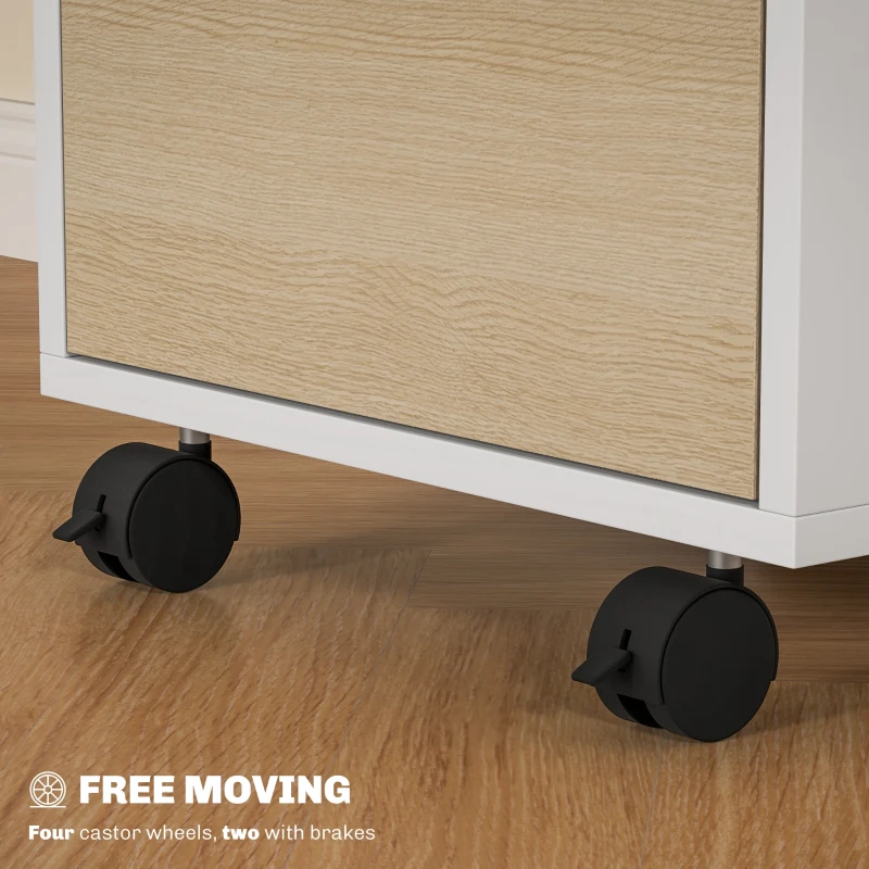 HOMCOM 3 Drawer File Cabinet with Wheels, Vertical Filing Cabinet with Lock, Oak