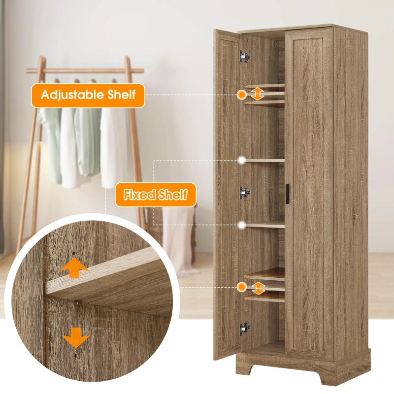 Multi-functional Storage Cabinet with Adjustable and Fixed Shelves, Tall Organizer Cabinet for Bathroom and Office, 23.5'' L x 17'' W x 71'' H, Brown