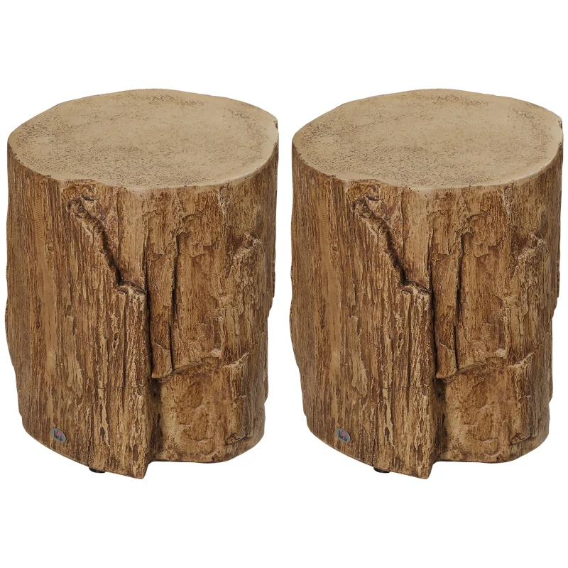 HOMCOM Concrete End Table, Tree Stump Shape Side Table for Indoors and Outdoors, Set of 2, Natural
