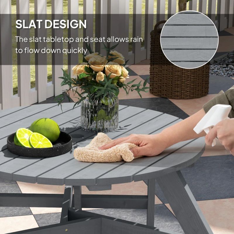 Outsunny 6 Person Round Picnic Table Bench Set with Umbrella Hole, Wood Patio Table with 3 Built-in Benches for Garden, Deck, Backyard, Grey