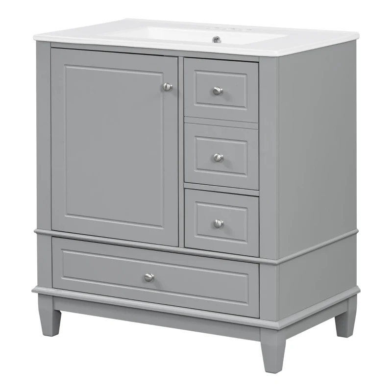 Stylish Bathroom Vanity with Easy-Clean Ceramic Sink and 3 Pre-Drilled Holes, Ideal Cabinet for Modern Bathrooms, 30" L x 18.5" W x 33.5" H, Gray