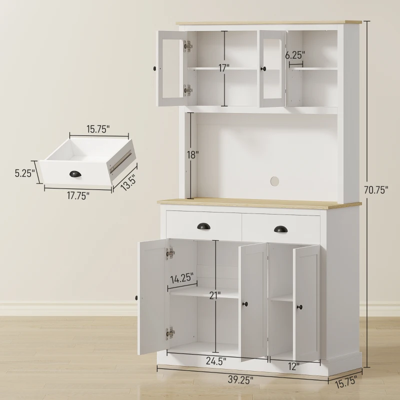 HOMCOM Freestanding Kitchen Cabinet, 71" Tall Pantry Cabinet, Modern Hutch with Wide Countertop, Adjustable Shelves, White