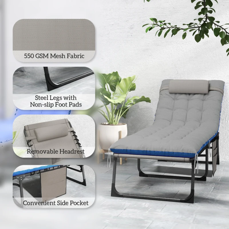 Outsunny Outdoor Chaise Lounge Chair Set of 2, 5-Level Adjustable Folding Pool Lounge Chairs with Cushions, Brown/Blue