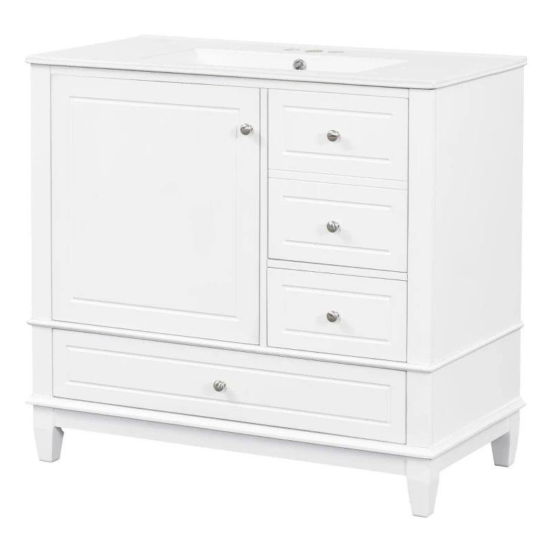 Spacious Bathroom Vanity with 3 Drawers and One-Door Cabinet, Freestanding Cabinet for Small Bathrooms, 36" L x 18.5" W x 33.5" H, White