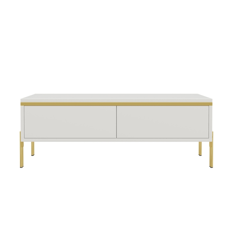 Modern High-Gloss Coffee Table with Hidden Dual Drawers, Stain-Resistant Center Table with Metal Legs, 39.5'' L x 19.5'' W x 14'' H, White