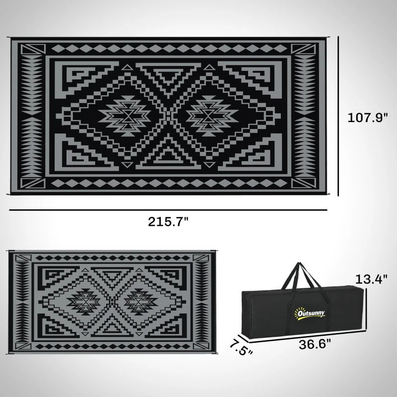 Outsunny Reversible Outdoor Rug, Waterproof Plastic Straw with Carry Bag, 9' x 18', Black & Gray Square Patchwork