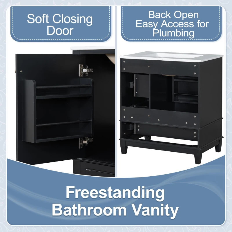 Stylish Bathroom Vanity with Easy-Clean Ceramic Sink and 3 Pre-Drilled Holes, Ideal Cabinet for Modern Bathrooms, 30" L x 18.5" W x 33.5" H, Black