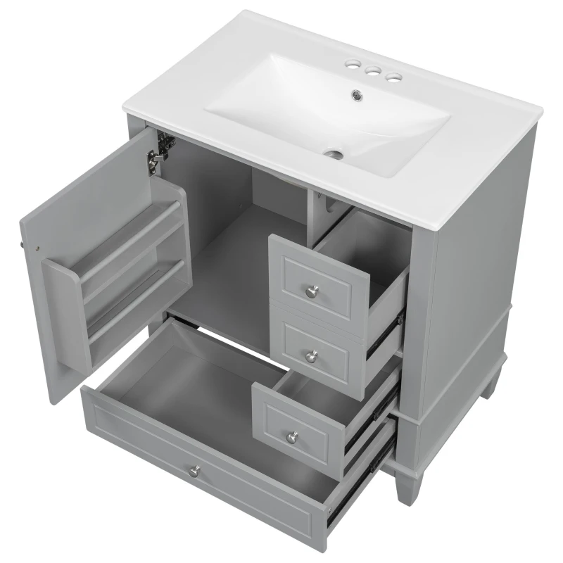Stylish Bathroom Vanity with Easy-Clean Ceramic Sink and 3 Pre-Drilled Holes, Ideal Cabinet for Modern Bathrooms, 30" L x 18.5" W x 33.5" H, Gray