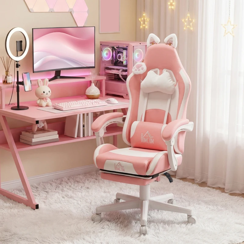 HOMCOM Cute Racing Gamer Chair, Faux Leather Gaming Chair with Footrest, Headrest and Lumbar Support, Pink
