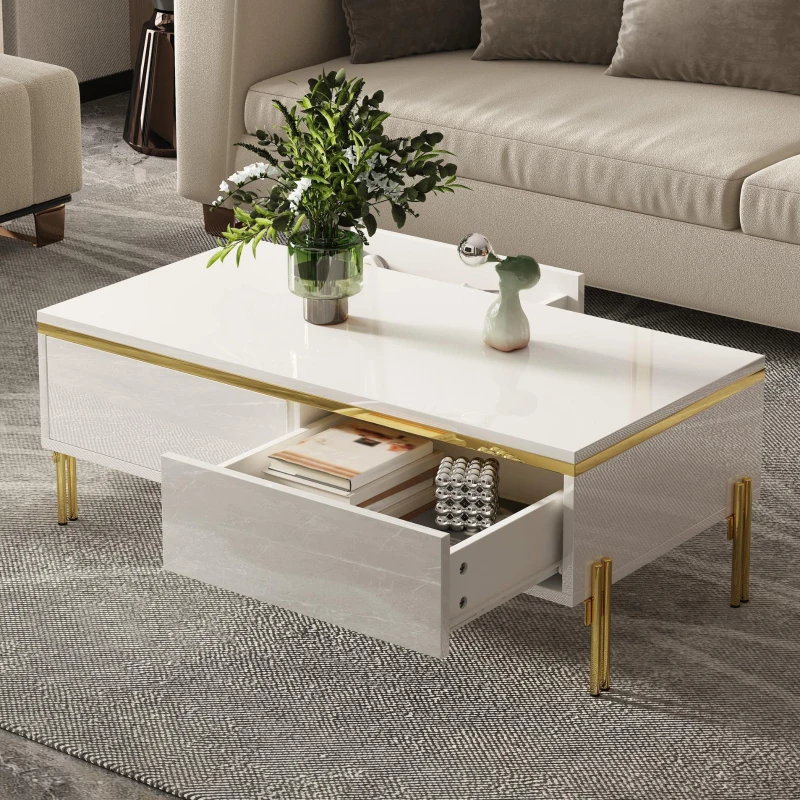 Modern High-Gloss Coffee Table with Hidden Dual Drawers, Stain-Resistant Center Table with Metal Legs, 39.5'' L x 19.5'' W x 14'' H, White