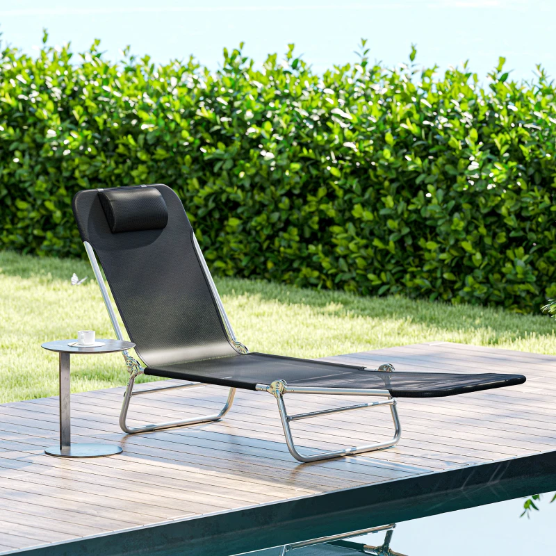 Outsunny Folding Chaise Lounge Chair, Portable Tanning Chair with Adjustable Backrest, Pillow for Beach Poolside Patio, Black