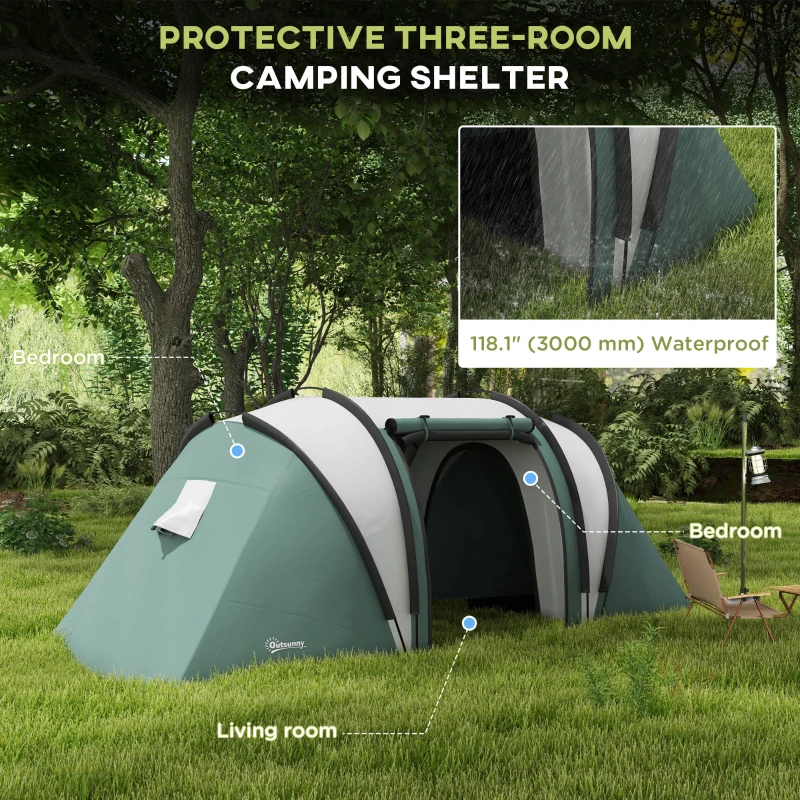 Outsunny Camping Tent with 2 Bedrooms and Living Area, 3000mm Waterproof Family Tent, for Fishing Hiking Festival, Army Green