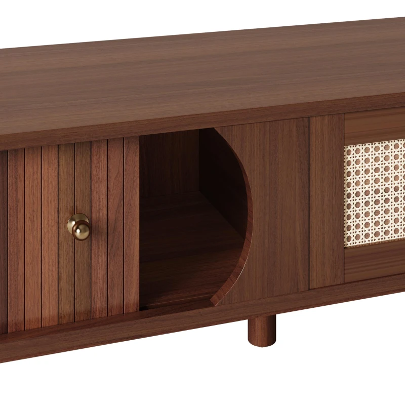 Rattan TV Cabinet with MDF Body and Solid Wood Legs, Bamboo Slat TV Stand with Sliding Door, 67'' L x 15.5'' W x 15'' H, Wood