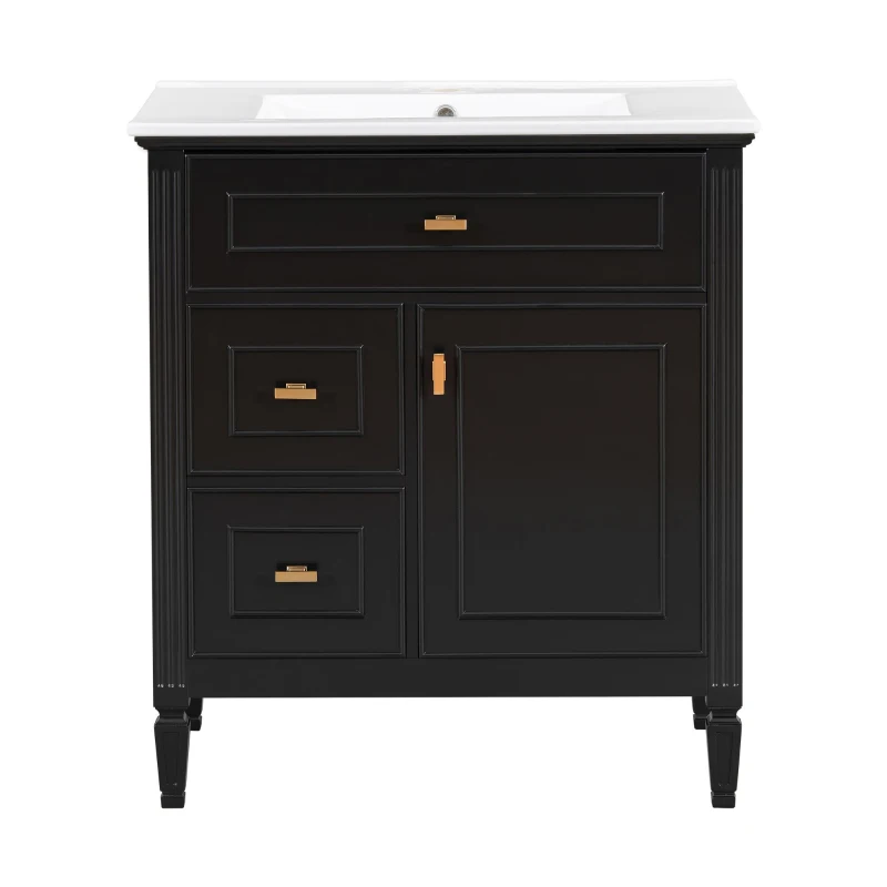 Spacious Vanity with Tip-Out Top Drawer and 2 Left-Side Drawers, Ideal Cabinet for Small-To-Medium Bathrooms, 30" L x 18.5" W x 33.5" H, Black