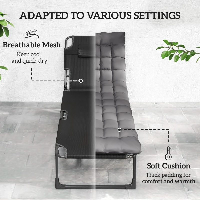 Outsunny 29.5" Wide Folding Chaise Lounge Chair Outdoor Tanning Chair, Camping Cot with Cushion, Side Pocket, Dark Grey