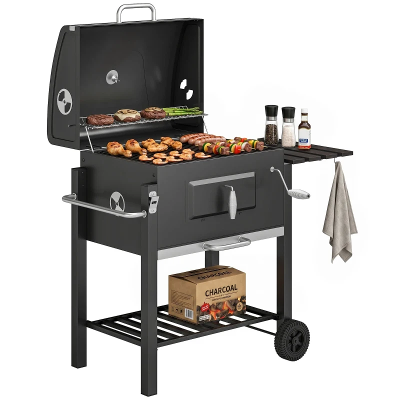 Outsunny Charcoal BBQ Grill and Smoker Combo Outdoor Portable Trolley Camping Picnic Backyard with Side Shelf, Black
