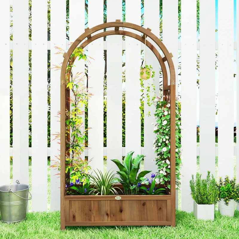 Outsunny Raised Garden Bed with Arch Trellis, Freestanding Garden Planter Box, Outdoor Planter Container, Dark Brown Wood Effect
