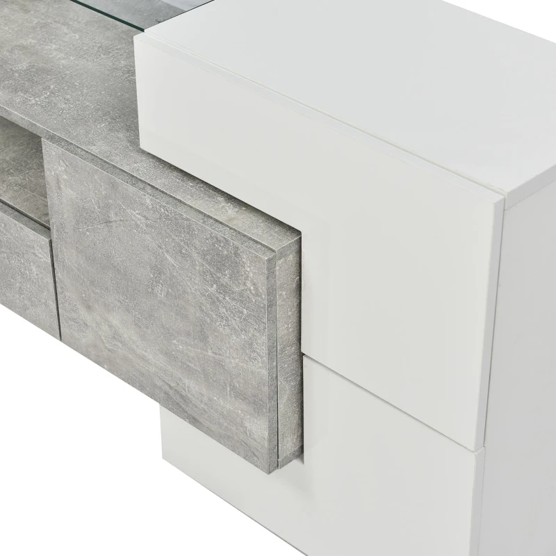 Spacious TV Stand with 6 Doors and 2 Drawers, Stylish Lowboard for Living Rooms, 78.5" L x 13.5" W x 23.5" H, White+Gray