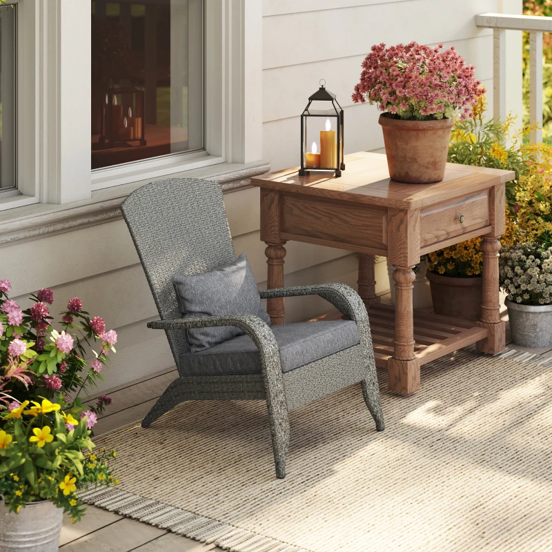 Outsunny Wicker Adirondack Chair, PE Rattan Outdoor Fire Pit Chair Muskoka Chair with Cushions, Heather Grey