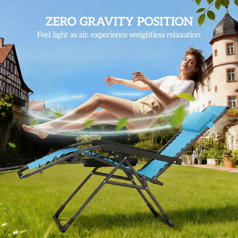 Outsunny Zero Gravity Chair Set of 2, Folding Reclining Outdoor Lounge Chair with Cup Holder, Headrest, Sky Blue