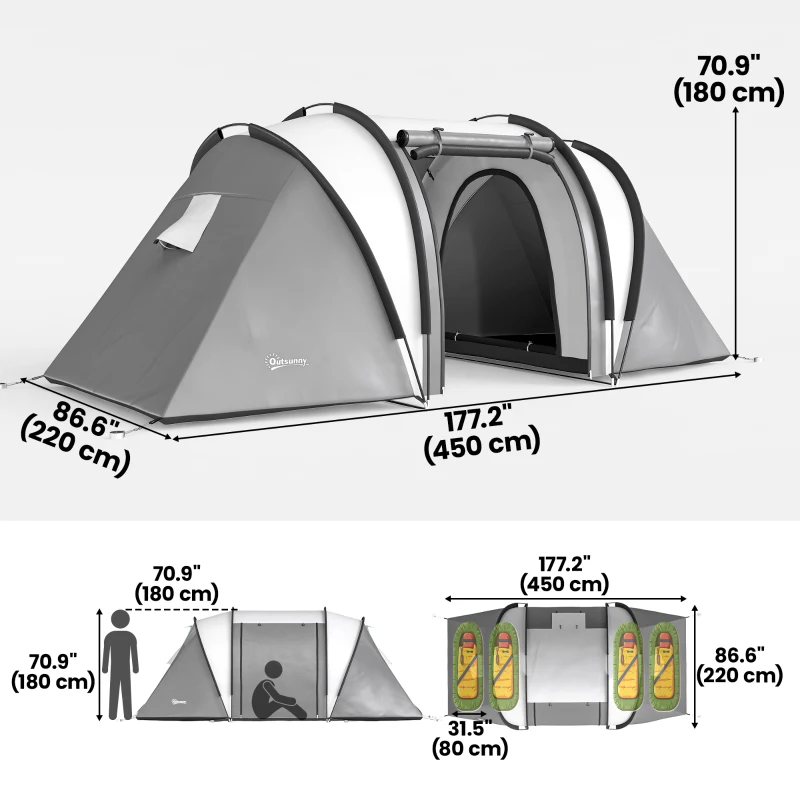 Outsunny Camping Tent with 2 Bedrooms and Living Area, 3000mm Waterproof Family Tent, for Fishing Hiking Festival, Grey