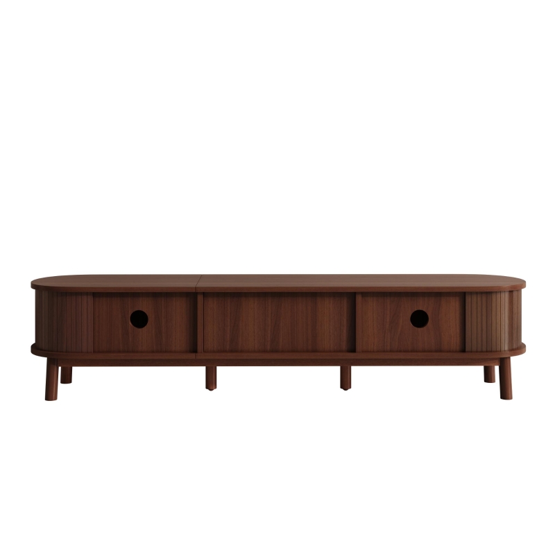 Rattan TV Cabinet with MDF Body and Solid Wood Legs, Bamboo Slat TV Stand with Sliding Door, 67'' L x 15.5'' W x 15'' H, Wood