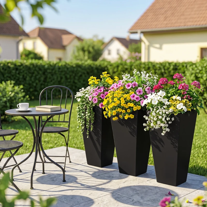 Outsunny Tall Planters for Outdoor Plants Set of 3, 28 In Taper Planters with Drainage Holes, Indoor Grande Plant Pots, Front Porch Decor, Black