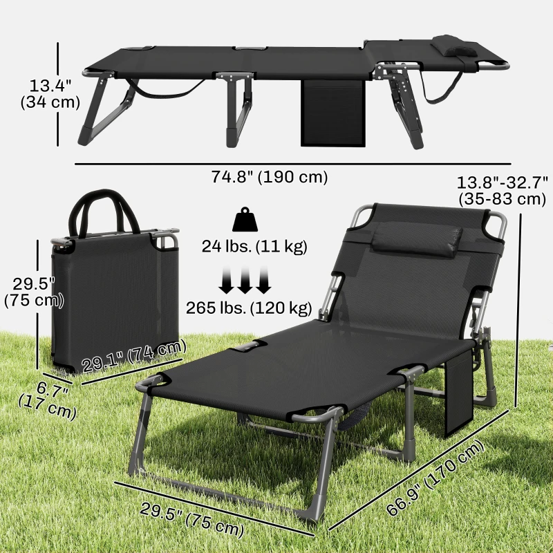Outsunny 29.5" Wide Folding Chaise Lounge Chair Outdoor Tanning Chair, Camping Cot with Cushion, Side Pocket, Dark Grey