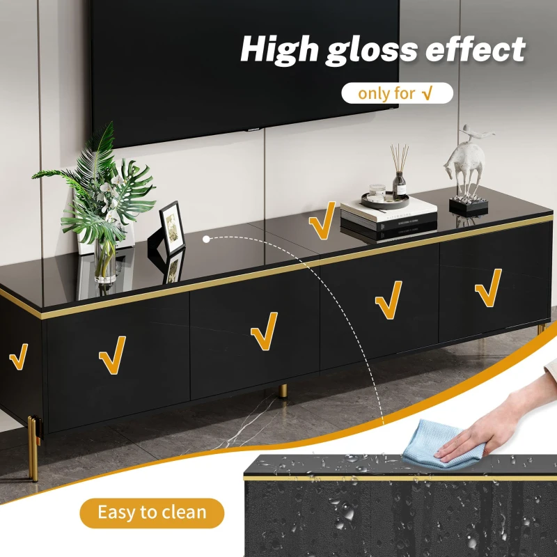 Modern High-Gloss TV Stand with Built-In Cable Management, Metal Legged TV Cabinet with Easy-Clean Surface, 67'' L x 15'' W x 19.5'' H, Black