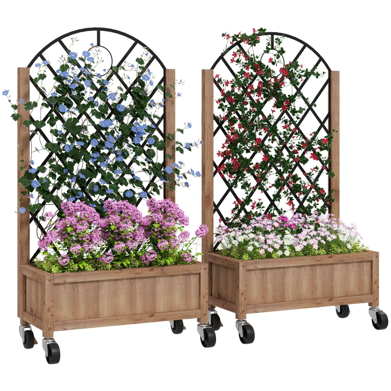 Outsunny Raised Garden Bed with Metal Trellis, Elevated Planter Box with Wheels and Drainage Holes, 20.5" x 9.8" x 38.2", Brown