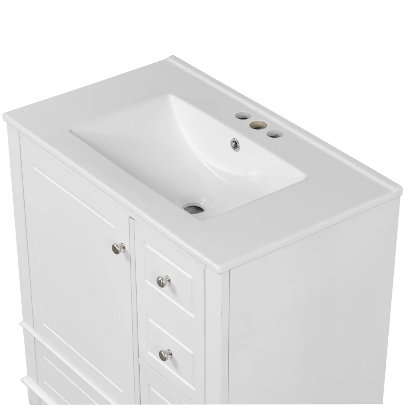 Stylish Bathroom Vanity with Easy-Clean Ceramic Sink and 3 Pre-Drilled Holes, Ideal Cabinet for Modern Bathrooms, 30" L x 18.5" W x 33.5" H, White