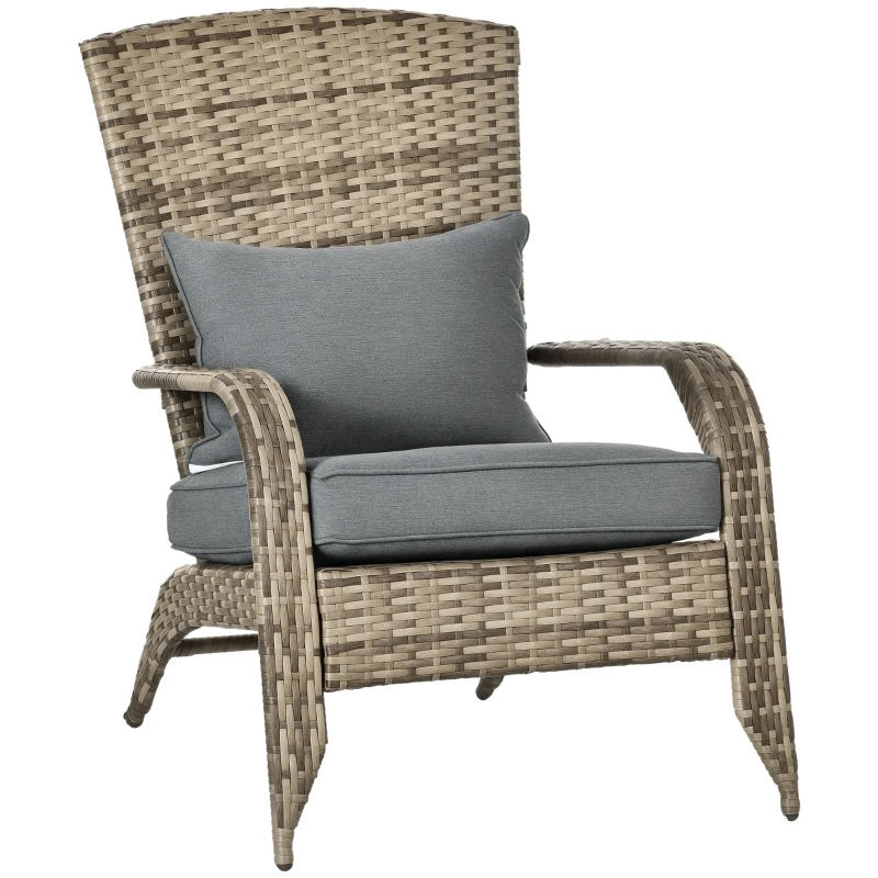 Outsunny Wicker Adirondack Chair, PE Rattan Outdoor Fire Pit Chair Muskoka Chair with Cushions, Mixed Grey