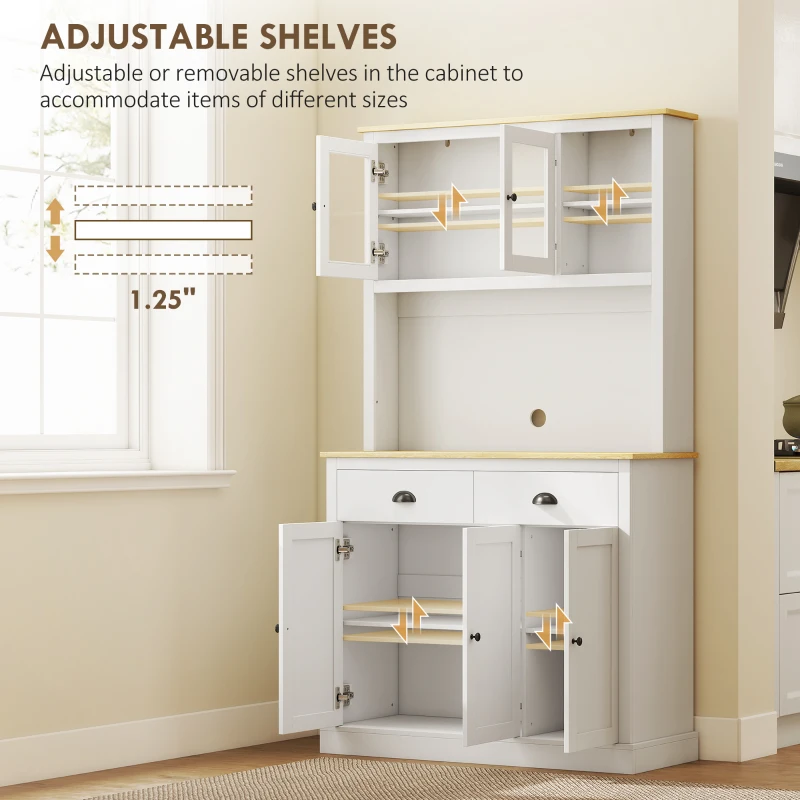 HOMCOM Freestanding Kitchen Cabinet, 71" Tall Pantry Cabinet, Modern Hutch with Wide Countertop, Adjustable Shelves, White