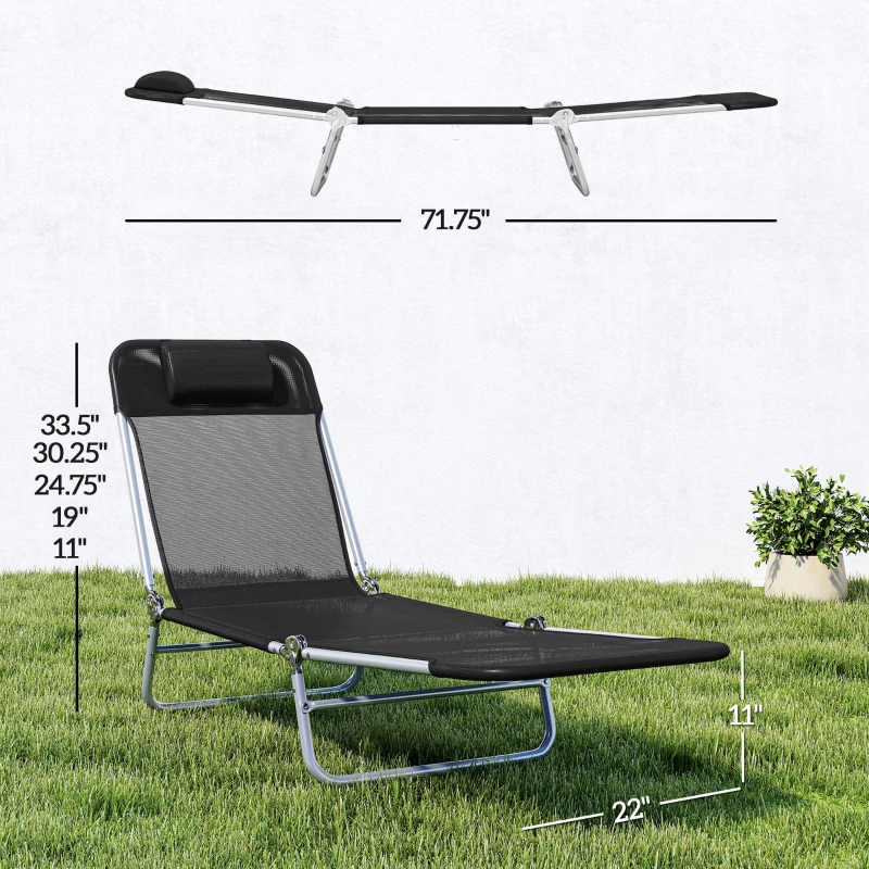 Outsunny Folding Chaise Lounge Chair, Portable Tanning Chair with Adjustable Backrest, Pillow for Beach Poolside Patio, Black