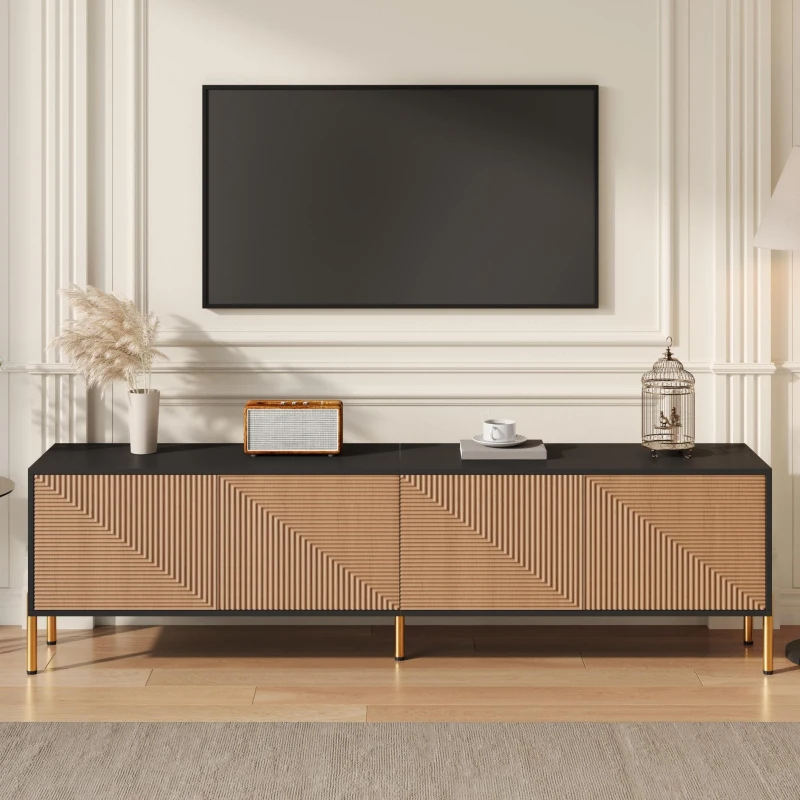 Modern TV Cabinet with Spacious Fully Enclosed Media Storage, Handle-Free 4-Door TV Stand with Slim Metal Legs, 70.5'' L x 14'' W x 21'' H, Black