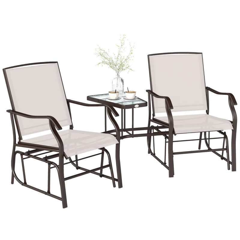 Outsunny Double Patio Glider Chair with Glass Top Center Table, Outdoor Glider Loveseat with High Back,  All Weather Breathable Mesh Fabric for Garden, Backyard, Deck, Beige