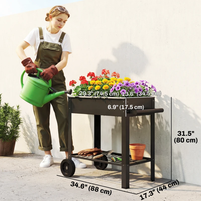 Outsunny Metal Raised Garden Bed, Elevated Planter Box with 2 Wheels, Handle and Shelf, 31.5" Tall Raised Planter