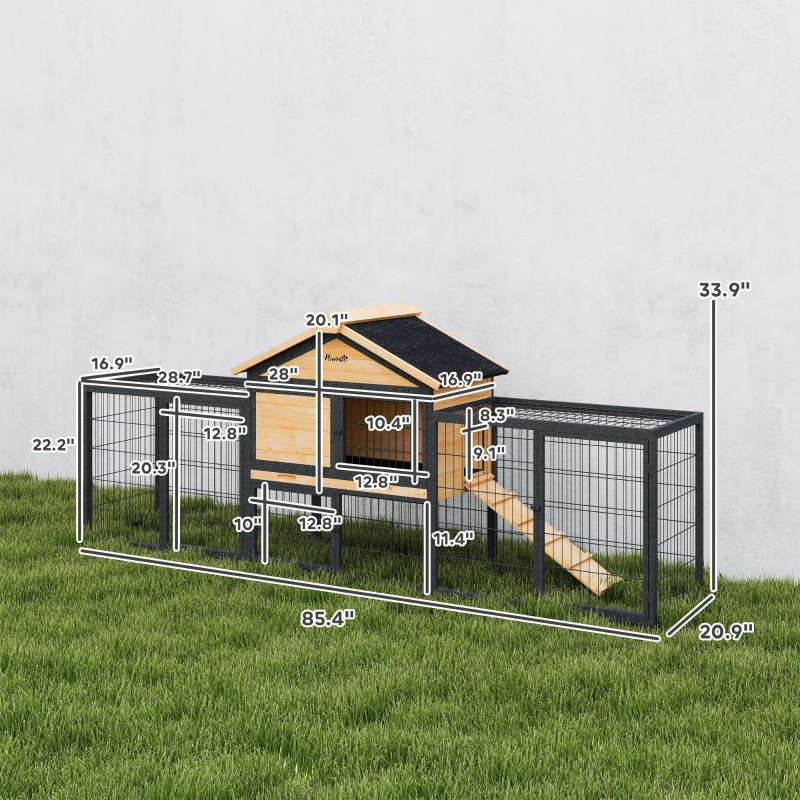 PawHut Wooden Rabbit Hutch Outdoor, 85" Large Bunny Cage with Steel Run, Removable Plastic Tray, Asphalt Roof, Ramp