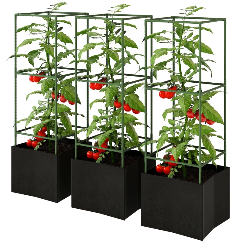 Outsunny 3 Packs Tomato Cages with 13.5 Gallon Grow Bags, Adjustable Square Plant Support Trellis