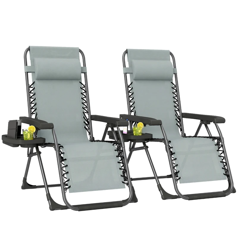 Outsunny Zero Gravity Chair Set of 2, Folding Reclining Outdoor Lounge Chair with Cup Holder, Headrest, Light Grey