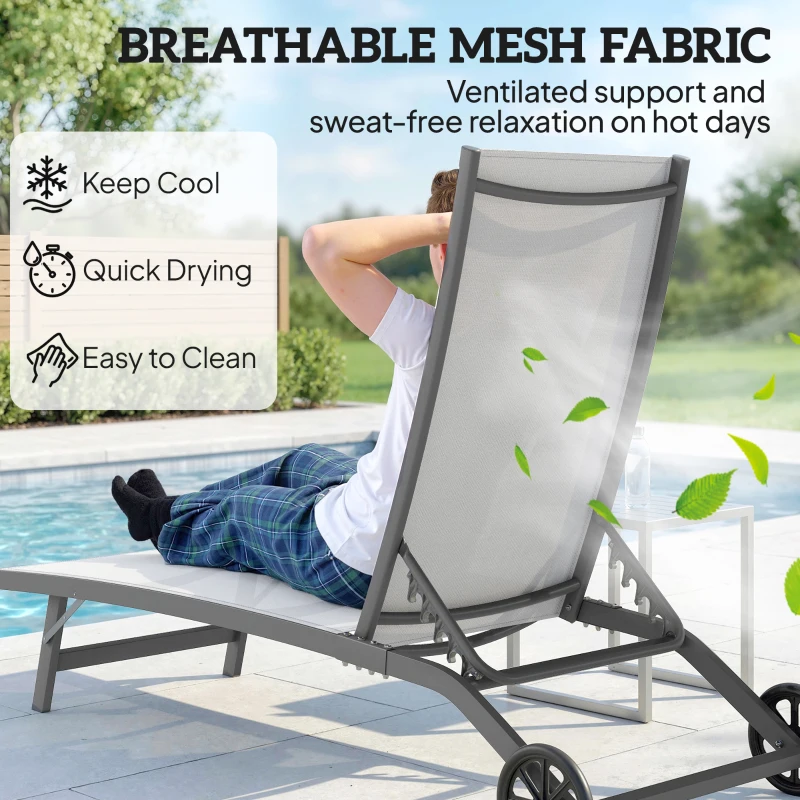 Outsunny Outdoor Lounge Chair Set of 2, Tanning Chair with Wheels, Breathable Mesh for Patio, Backyard, Poolside, Cream White