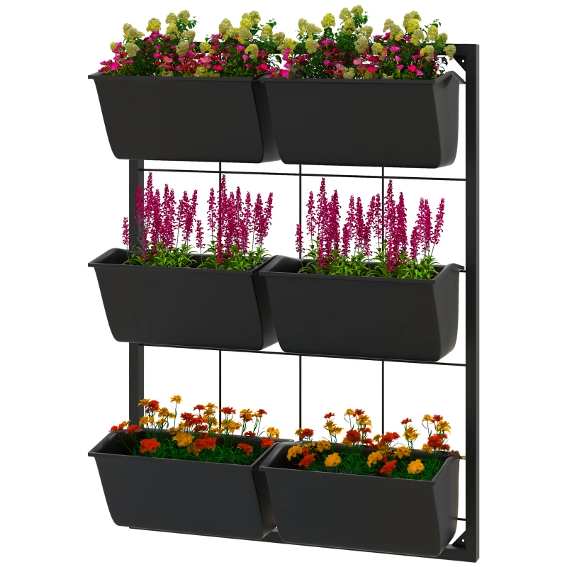 Outsunny 3-Tier Wall Planter with 6 Pots for Indoor and Outdoor Use, Hanging Plant Holder, Self Draining Wall Mounted Planter