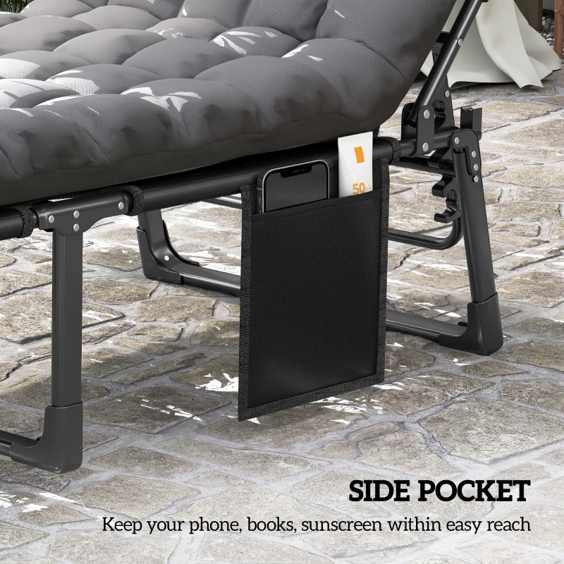 Outsunny Folding Chaise Lounge Chair Outdoor Tanning Chair with 5-Position Backrest, Cushion, Side Pocket, Dark Gray
