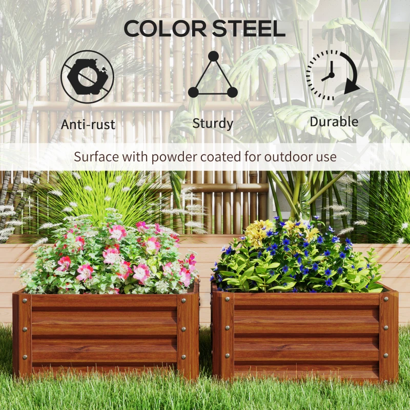 Outsunny Galvanized Raised Garden Beds, Outdoor Planter Box, Set of 2, for Flowers, Herbs and Vegetables, Dark Brown Wood Effect