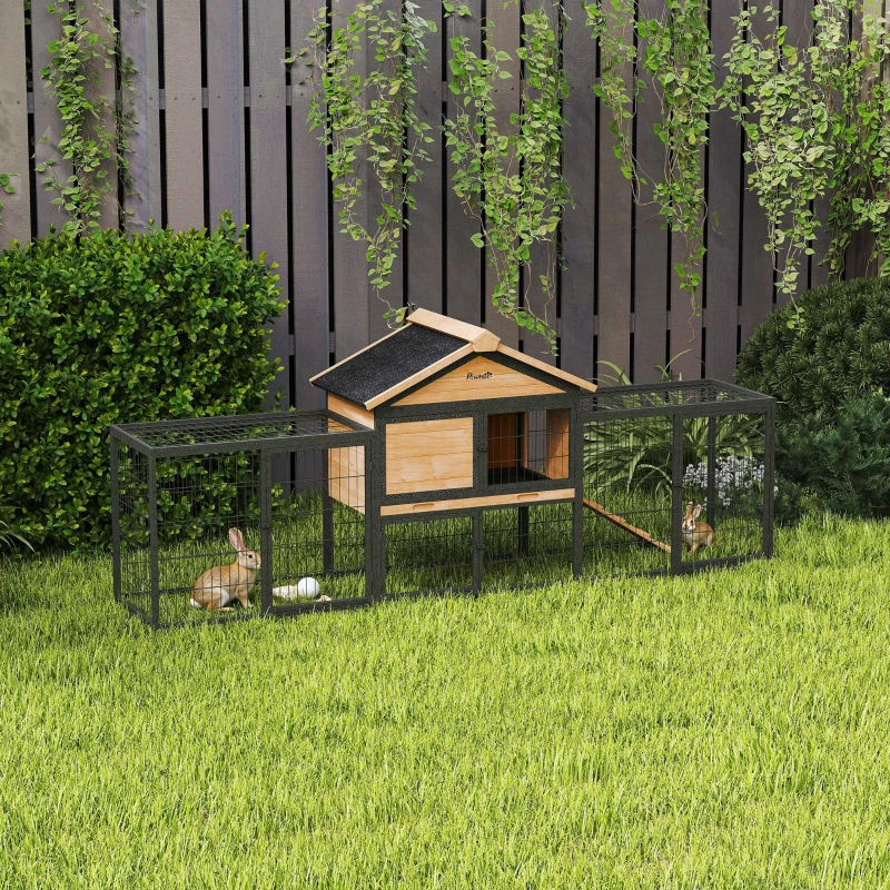 PawHut Rabbit Hutch Outdoor, 85"L Large Wooden Bunny Cage with Run Box, Removable Plastic Tray, Asphalt Roof, Ramp, Yellow