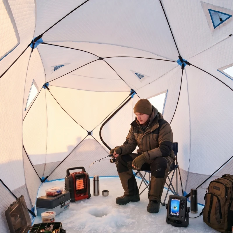 Outsunny 5-8 Person Ice Fishing Shelter, Pop-up Ice Fishing Tent, Ice Shanty, Portable and Insulated, with 2 Doors and Carrying Bag, Light Blue