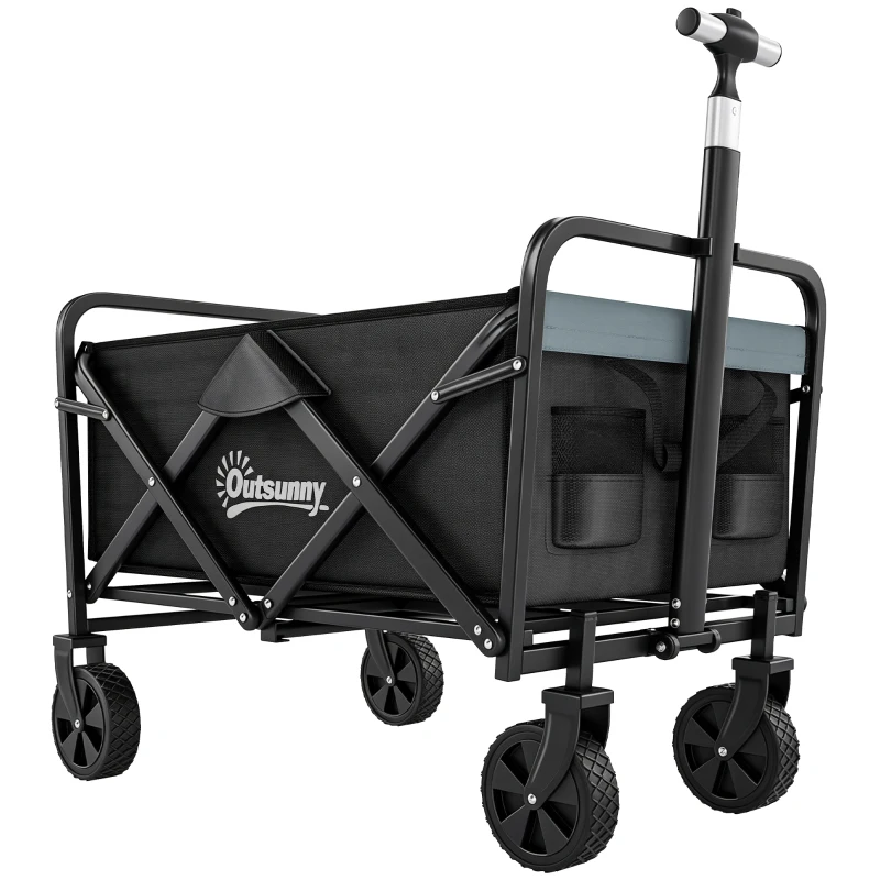Outsunny Steel Frame Folding Garden Cart, Collapsible Wagon with Telescopic Handle and All-Terrain Wheels