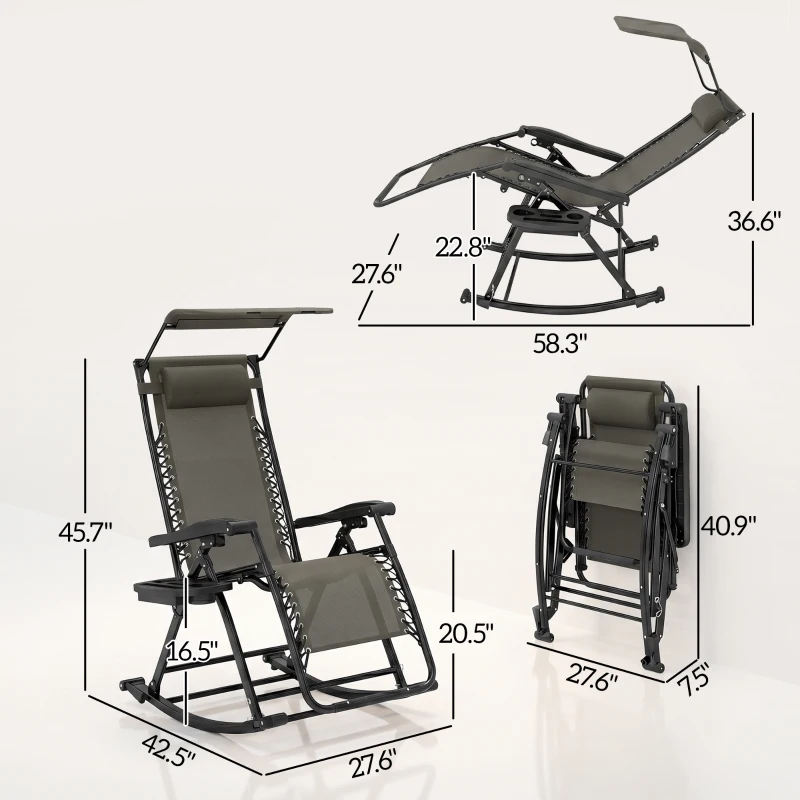 Outsunny Outdoor Rocking Chairs, Foldable Reclining Zero Gravity Lounge Rocker with Pillow, Cup & Phone Holder, Combo Design with Folding Legs, Gray