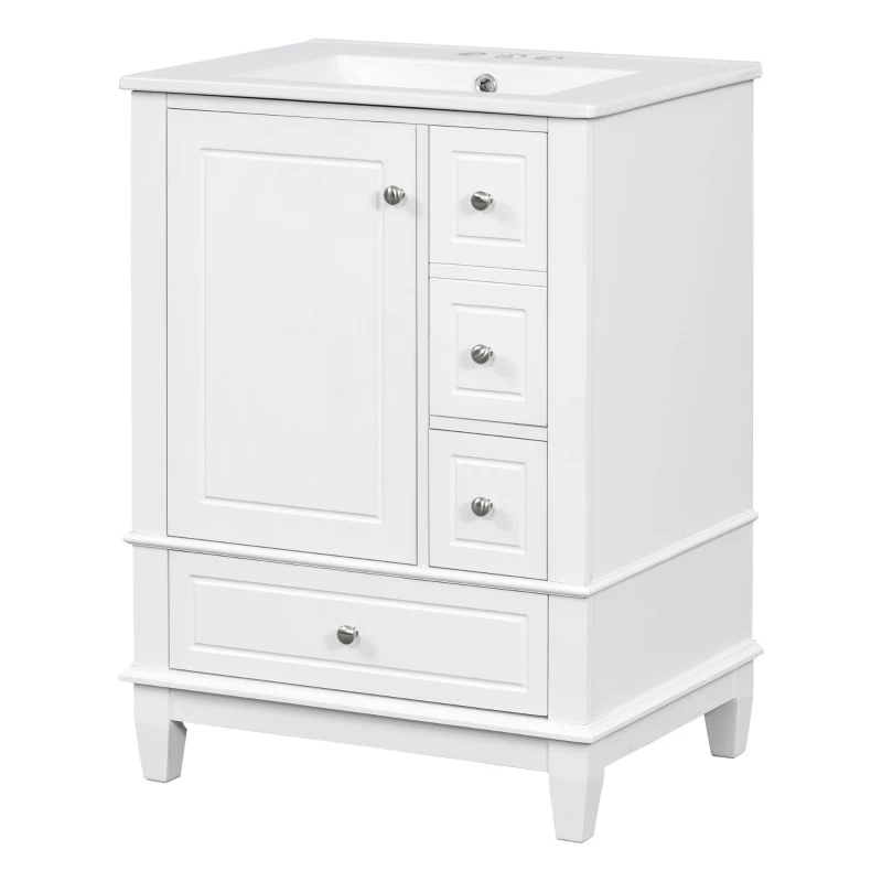 Spacious Bathroom Vanity with 3 Drawers and One-Door Cabinet, Freestanding Cabinet for Small Bathrooms, 24" L x 18.5" W x 34" H, White
